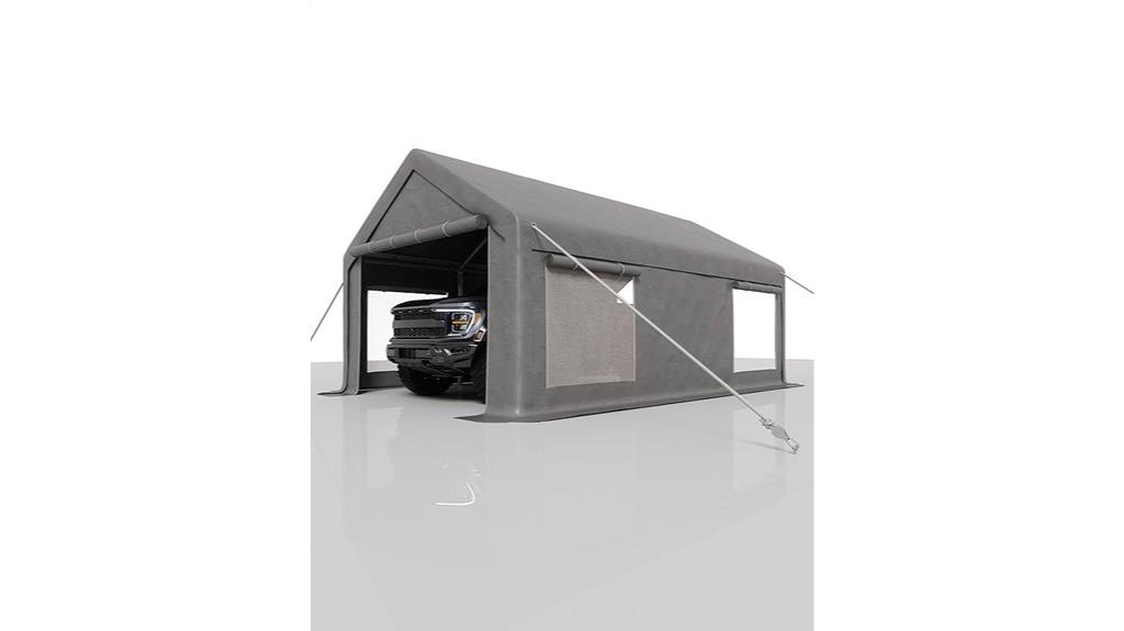 large tarped carport with doors