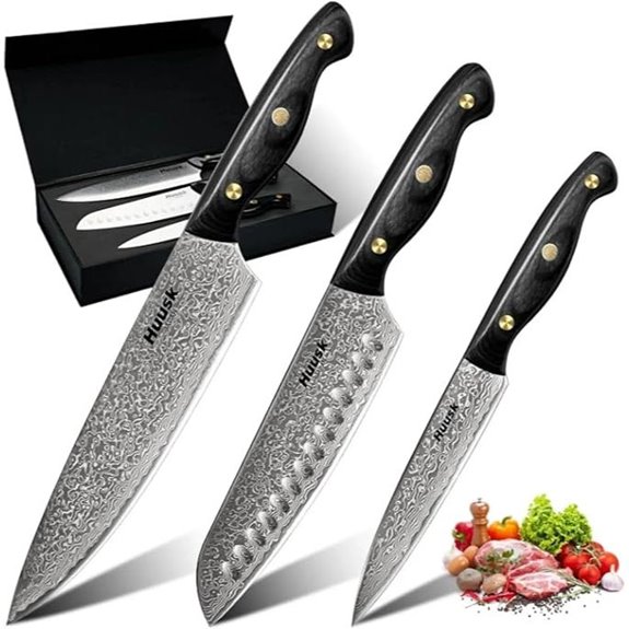 Huusk Damascus Chef Knife Set 3 pcs with Ebony Handles