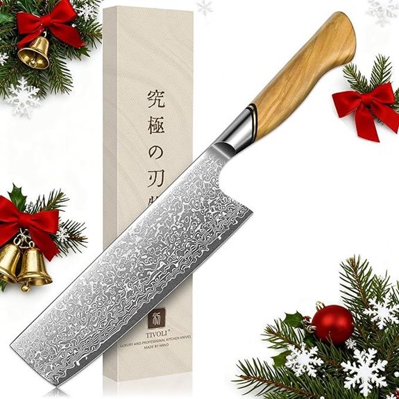 TIVOLI Damascus Nakiri Knife 6.5-Inch Olive Wood Handle